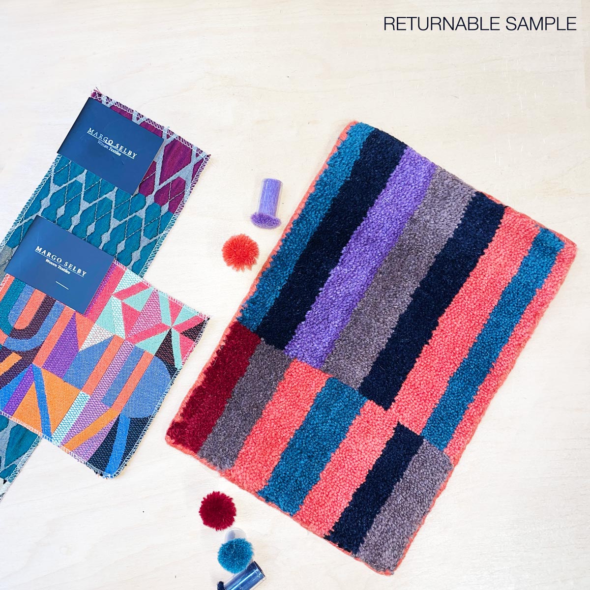 wool rug, geometric pattern, colourful rug, red rug, rug sample