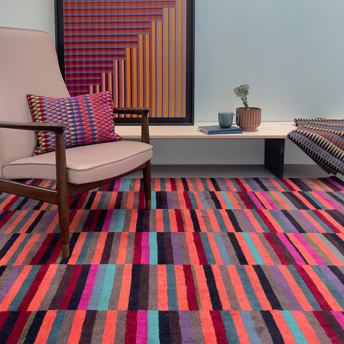 wool rug, geometric pattern, colourful rug, colourful living room