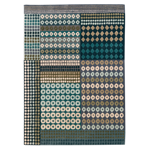 colourful rug, luxury rug, geometric rug, modern rug, wool rug, blue rug, green rug, diamond shaped rug, dotted rug