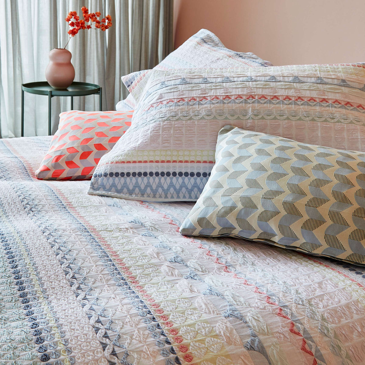 geometric bed linen, colourful bed linen, designer bed linen, luxury bed linen, quality bedlinen, red bedlinen, cotton bedlinen, pink bedlinen, white bedlinen, neutral bedlinen