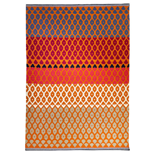 Geometric pattern, colourful rugs, designer rugs, luxury rugs, wool rugs, geometric rug, modern rug, orange rug, red rug, diamond shaped rug