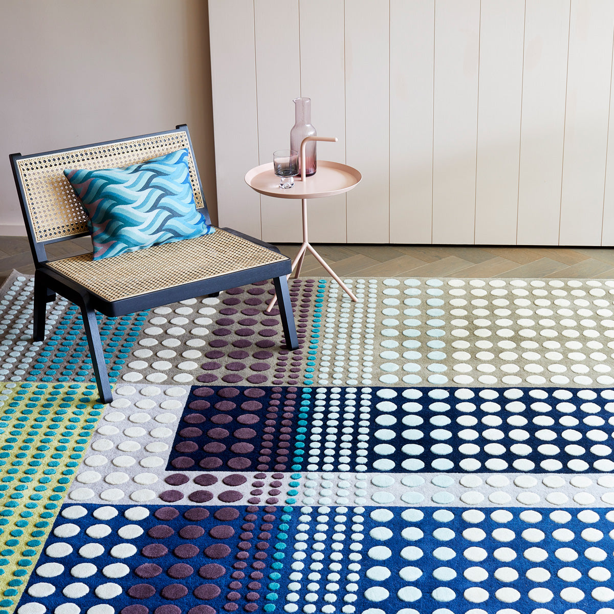 luxury rug, geometric rug, modern rug, wool rug, designer rugs, colourful rug, blue rug, green rug
