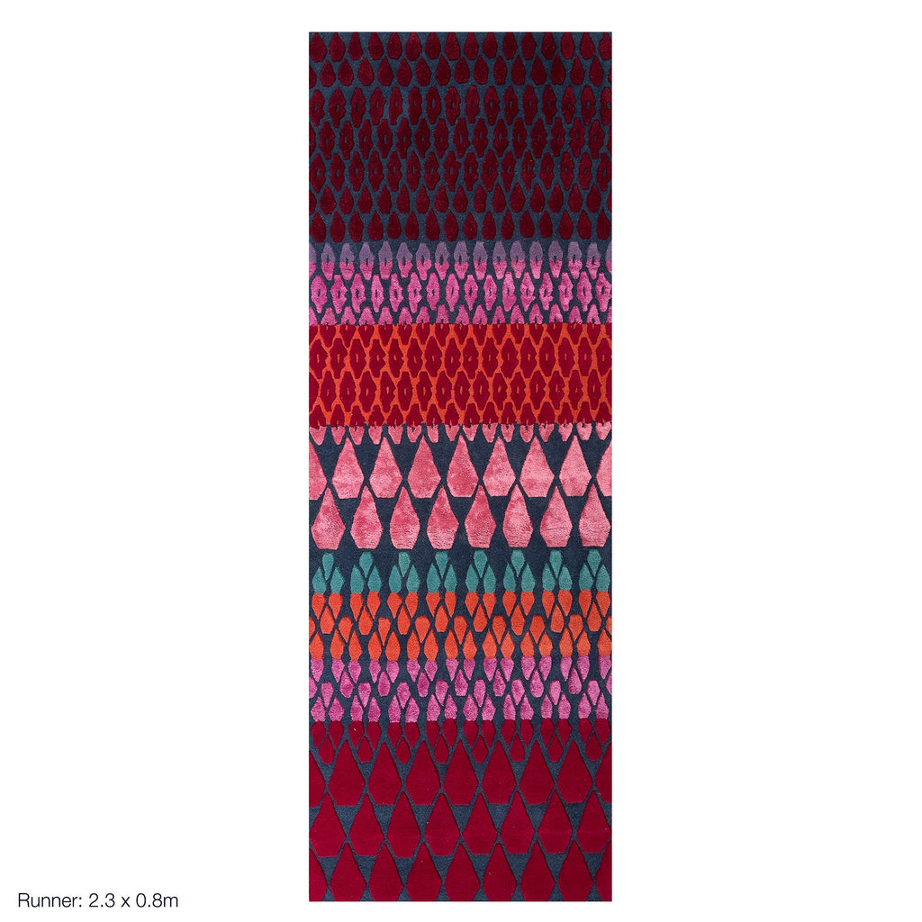 Geometric pattern, colourful rugs, designer rugs, luxury rugs, wool rugs, geometric rug, modern rug, red rug, pink rug, diamond shape rug, tufted rug,  pink and ombre rug, pink ombre, long runner rug 