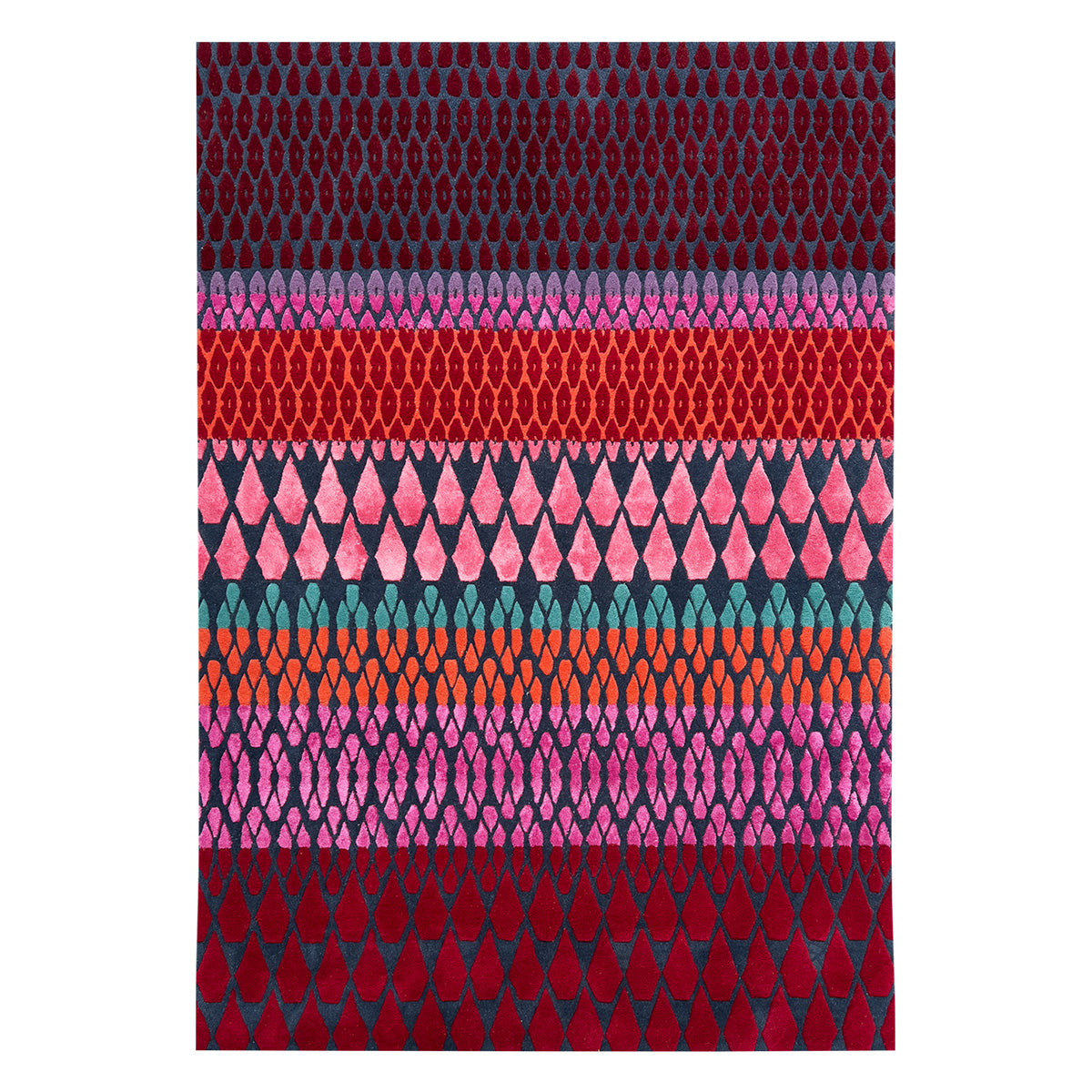 Geometric pattern, colourful rugs, designer rugs, luxury rugs, wool rugs, geometric rug, modern rug, red rug, pink rug