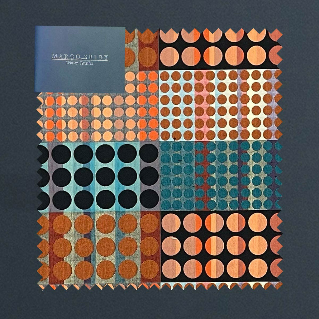 Interior accessories, interior decoration, British weaving, Margo Selby fabric, patterned fabric, colourful fabric, designer fabric, orange fabric, blue fabric