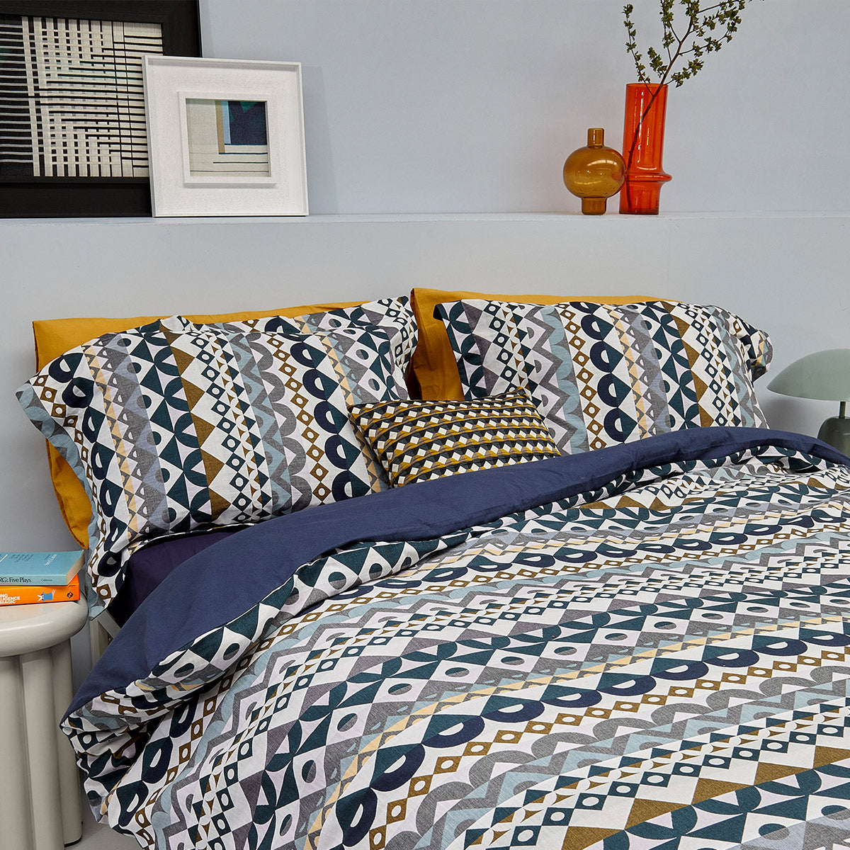 geometric bed linen, colourful bed linen, designer bed linen, luxury bed linen, quality bedlinen, blue bedlinen, cotton bedlinen