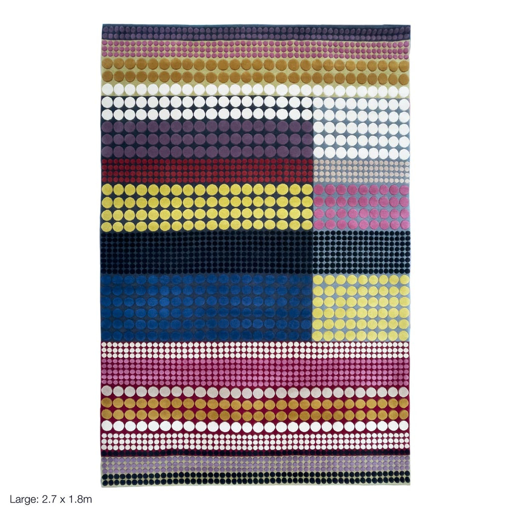 luxury rug, geometric rug, modern rug, hand knotted rug, designer rug, multicoloured rug, dotty rug, pink rug, blue rug