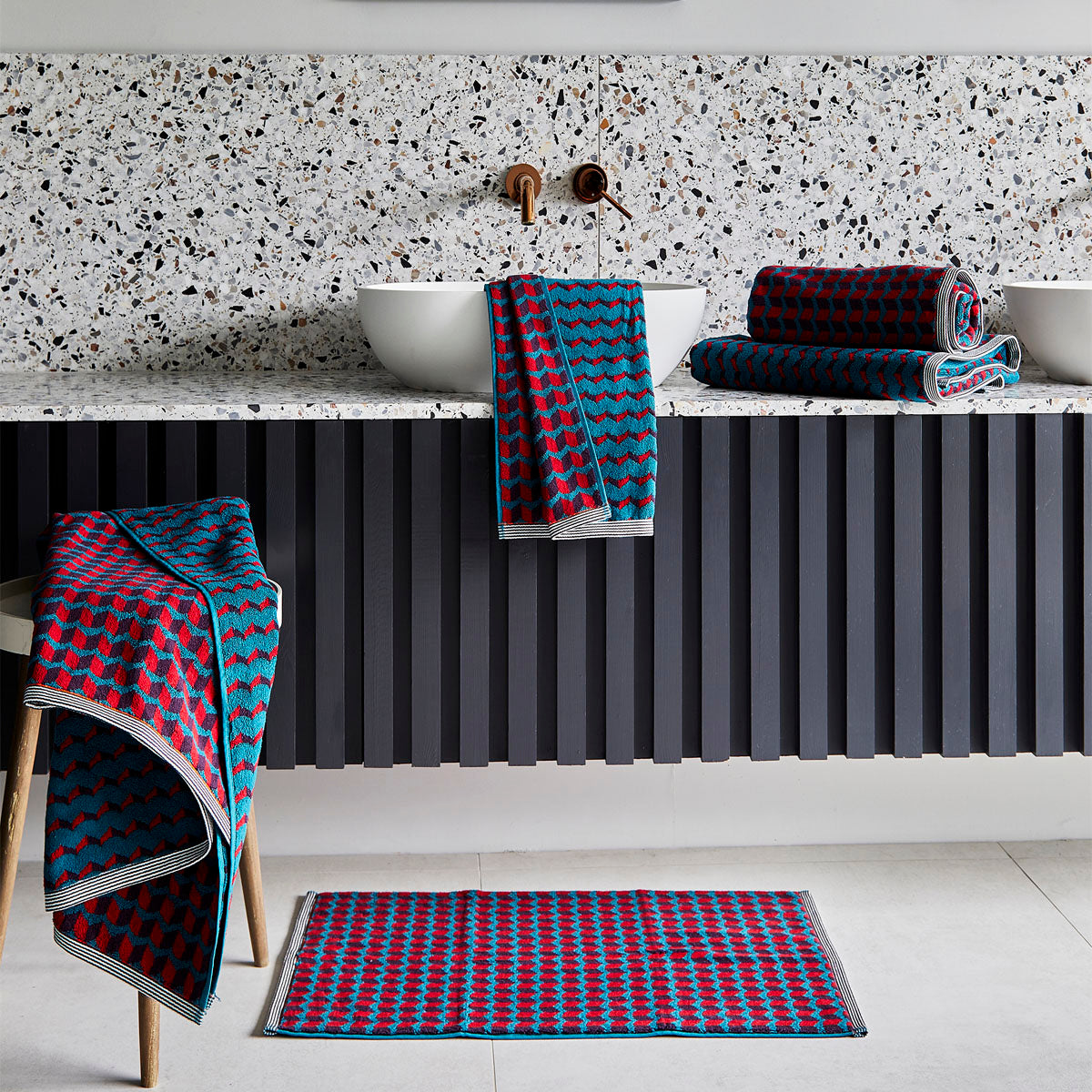 Margo Selby designer towel set, teal bath mat..
