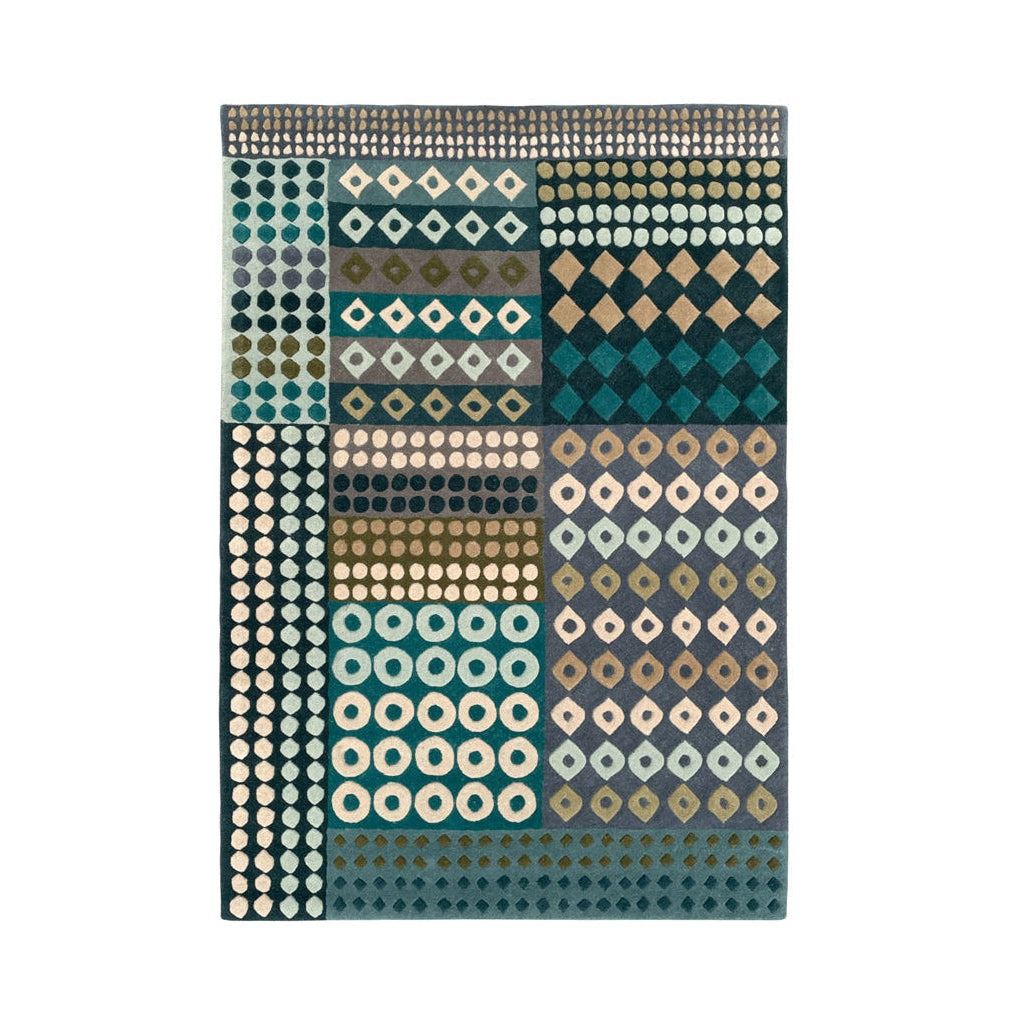 colourful rug, luxury rug, geometric rug, modern rug, wool rug, blue rug, green rug, diamond shaped rug, dotted rug 