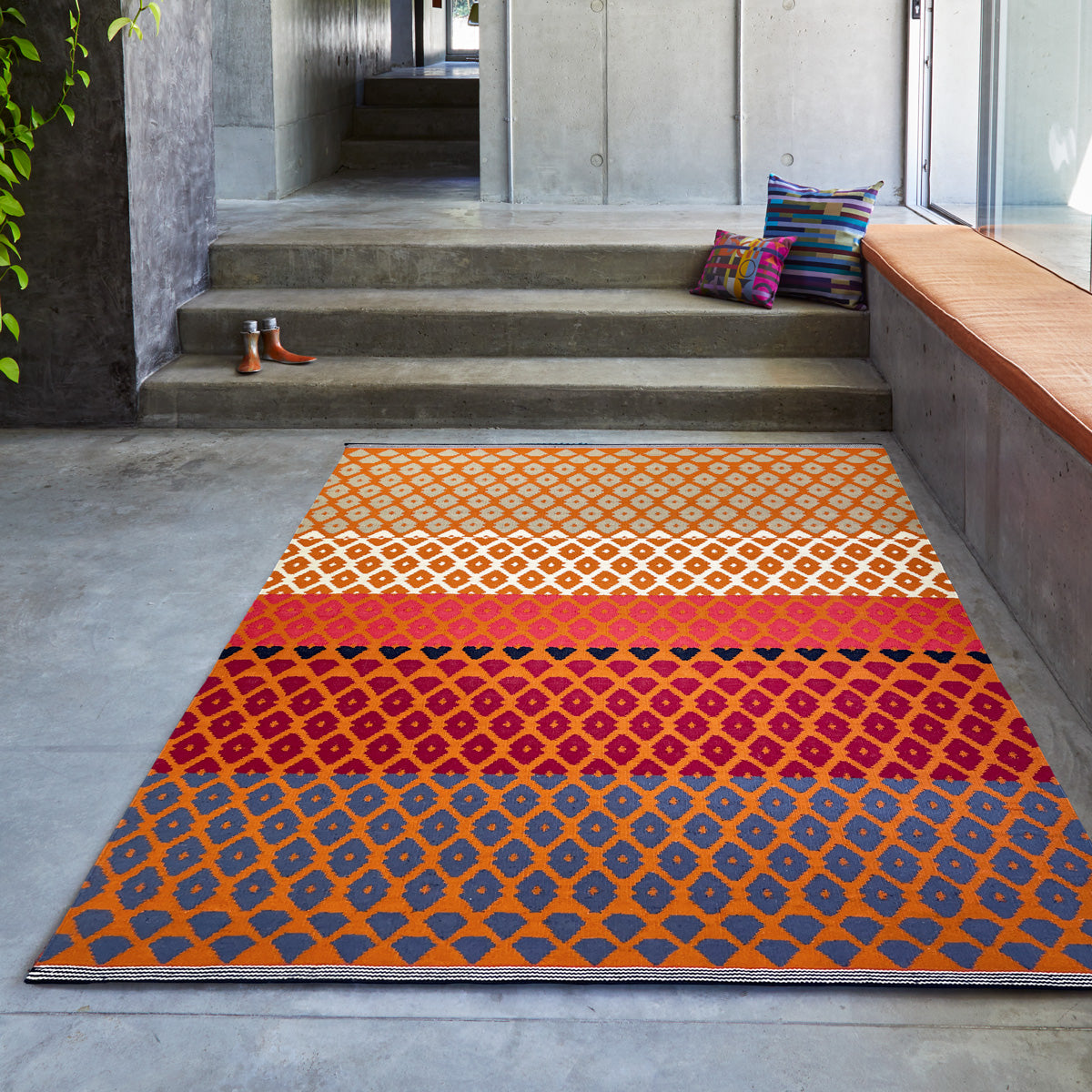 Geometric pattern, colourful rugs, designer rugs, luxury rugs, wool rugs, geometric rug, modern rug, orange rug, red rug