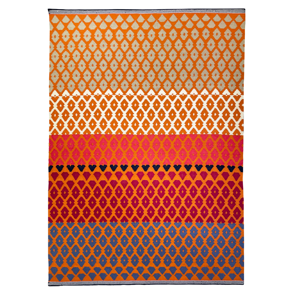 Geometric pattern, colourful rugs, designer rugs, luxury rugs, wool rugs, geometric rug, modern rug, orange rug, red rug