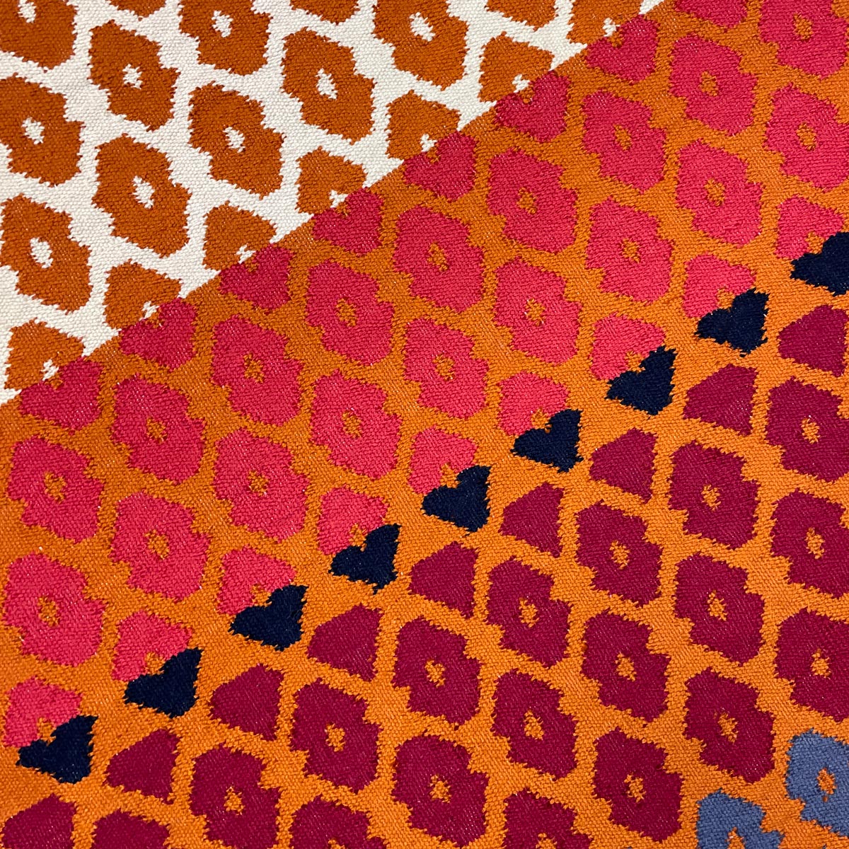 Geometric pattern, colourful rugs, designer rugs, luxury rugs, wool rugs, geometric rug, modern rug, orange rug, red rug