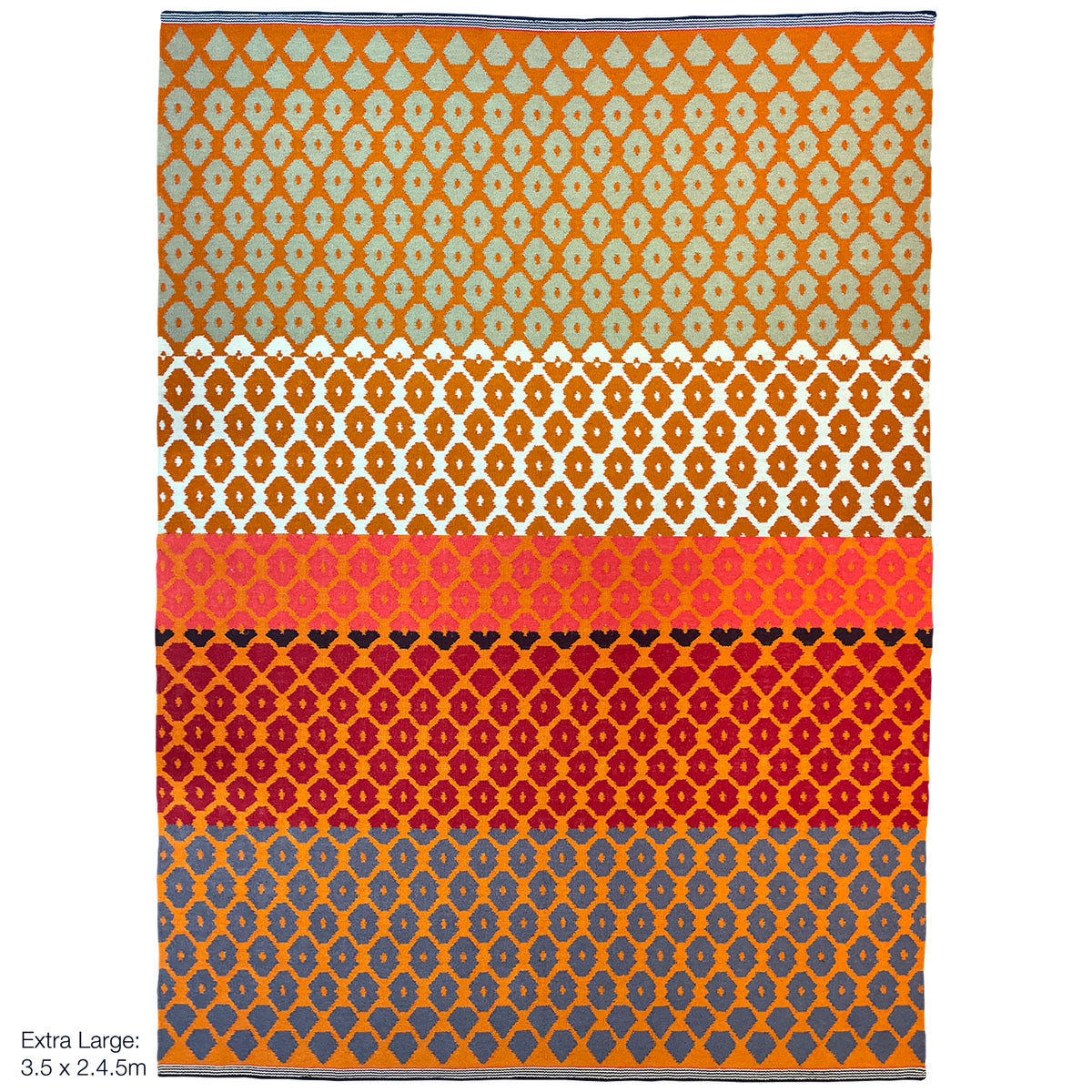 Geometric pattern, colourful rugs, designer rugs, luxury rugs, wool rugs, geometric rug, modern rug, orange rug, red rug