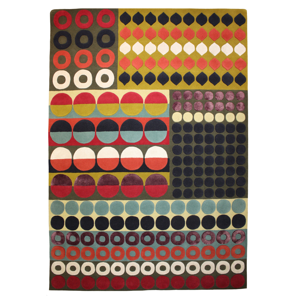 Geometric pattern, colourful rugs, designer rugs, luxury rugs, wool rugs, geometric rug, modern rug, circular